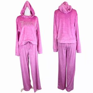 Juicy Couture Pink Velour Hooded Monogrammed Rhinestone Lounge Set M 
Sleepwear